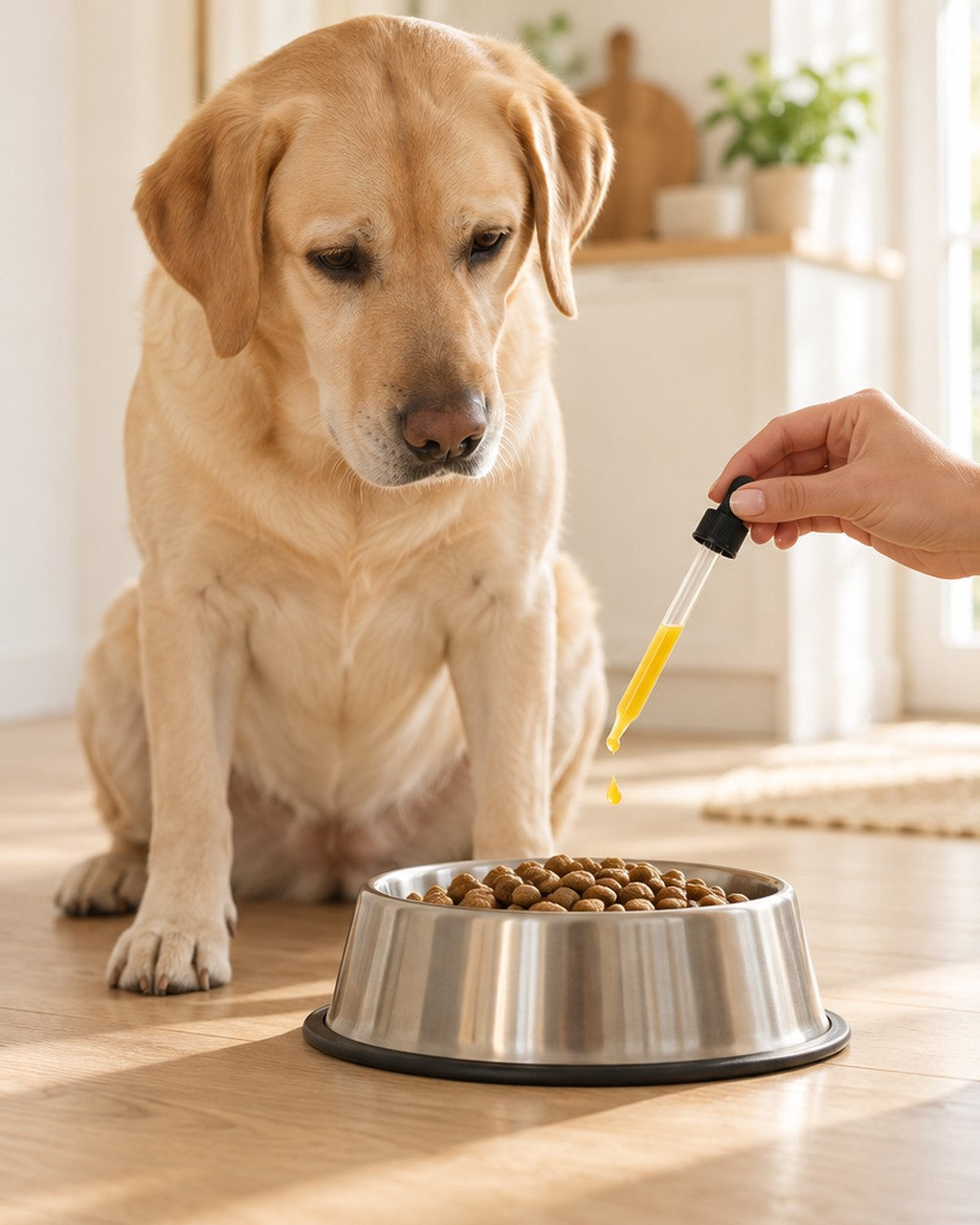 A long glass dropper adds golden liquid to a bowl of dog food while a Labrador waits
