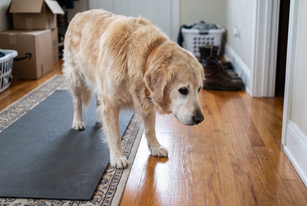 A yoga mat and non-slip runner laid along a hardwood hallway so a dog does not slip