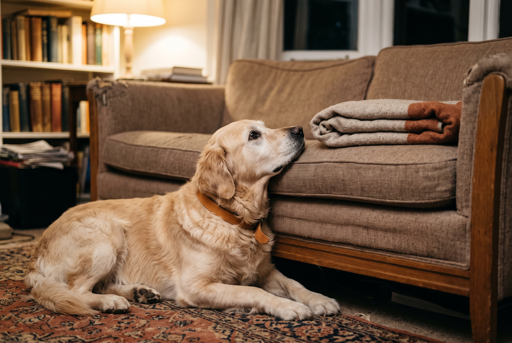 A senior dog lying on the rug beside the sofa with its chin on the cushion instead of jumping up