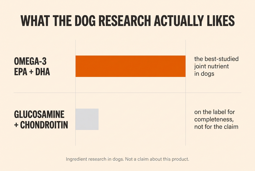 Chart comparing the dog-specific evidence for omega-3 EPA and DHA against glucosamine and chondroitin