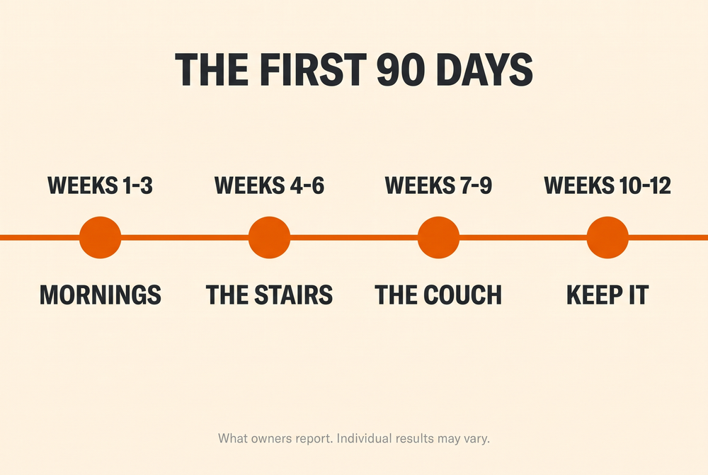 Timeline of the first 90 days across four stages: mornings, the stairs, the couch, keep it