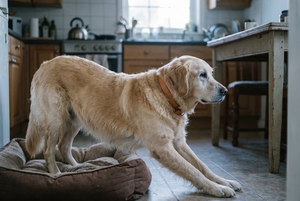 An older dog rising off its bed mid-stretch in early morning kitchen light