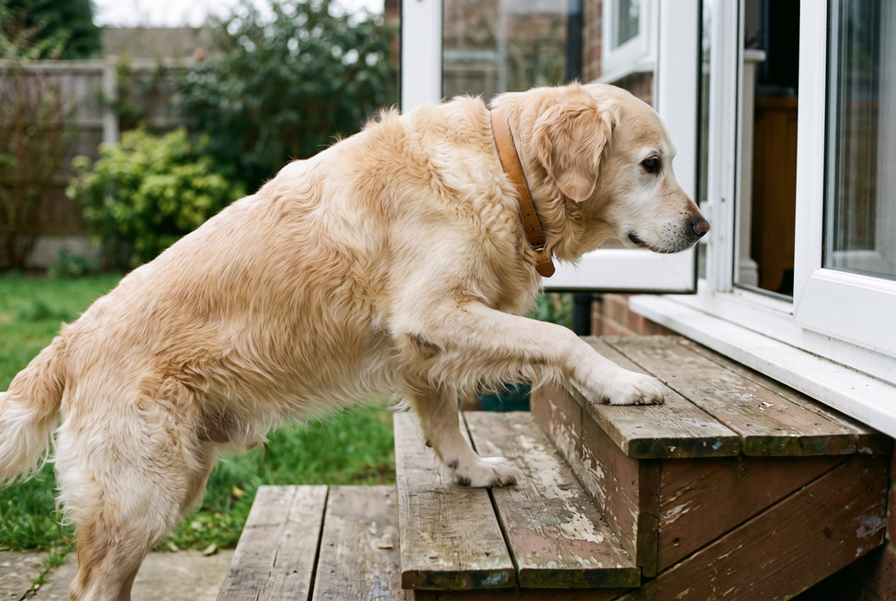 An older dog stepping up wooden deck steps outside a back door