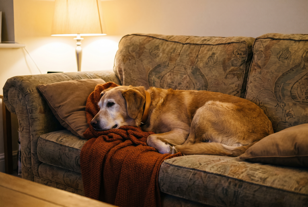 A senior dog settled up on the sofa beside its owner in warm evening light