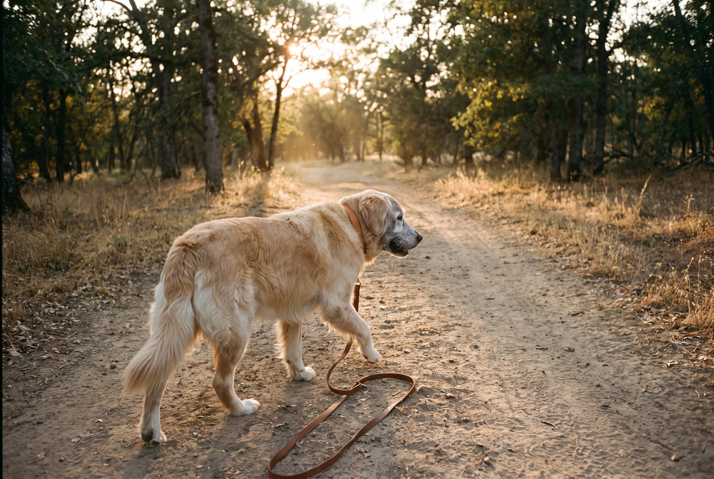 An owner and a greying dog walking a long woodland trail together at golden hour