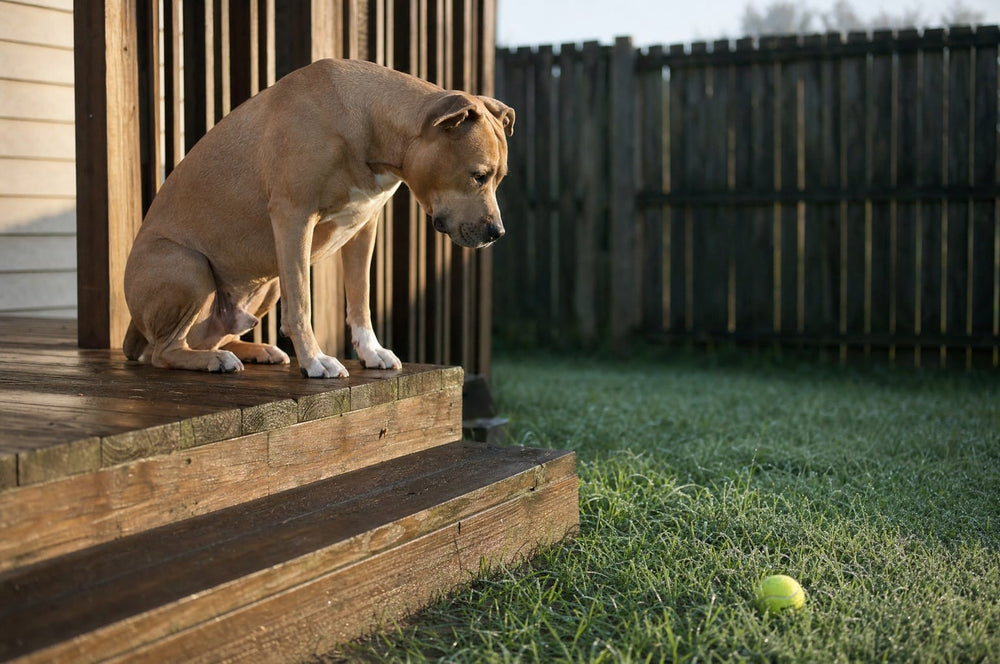 A fawn pit bull sitting at the top of three porch steps, looking down at a tennis ball on the lawn