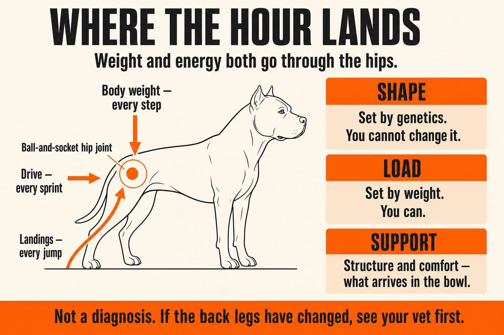 Diagram: where the hour lands — body weight, landings and drive all load the ball-and-socket hip joint; shape is set by genetics, load by weight, support by what arrives in the bowl. Not a diagnosis.