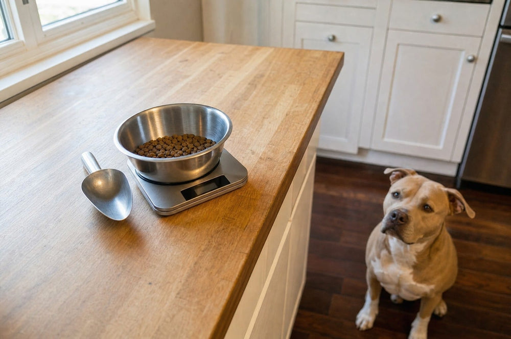 A bowl of kibble on a kitchen scale, a pit bull waiting on the kitchen floor