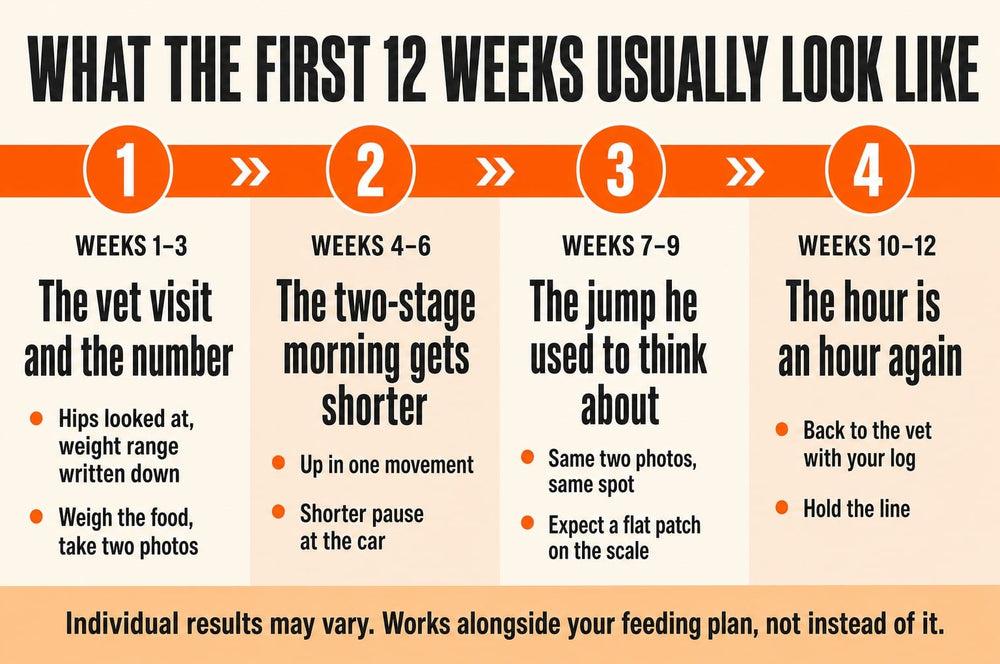 Timeline: what the first 12 weeks usually look like — weeks 1–3 the vet visit and the number, 4–6 the two-stage morning gets shorter, 7–9 the jump he used to think about, 10–12 the hour is an hour again. Individual results may vary.