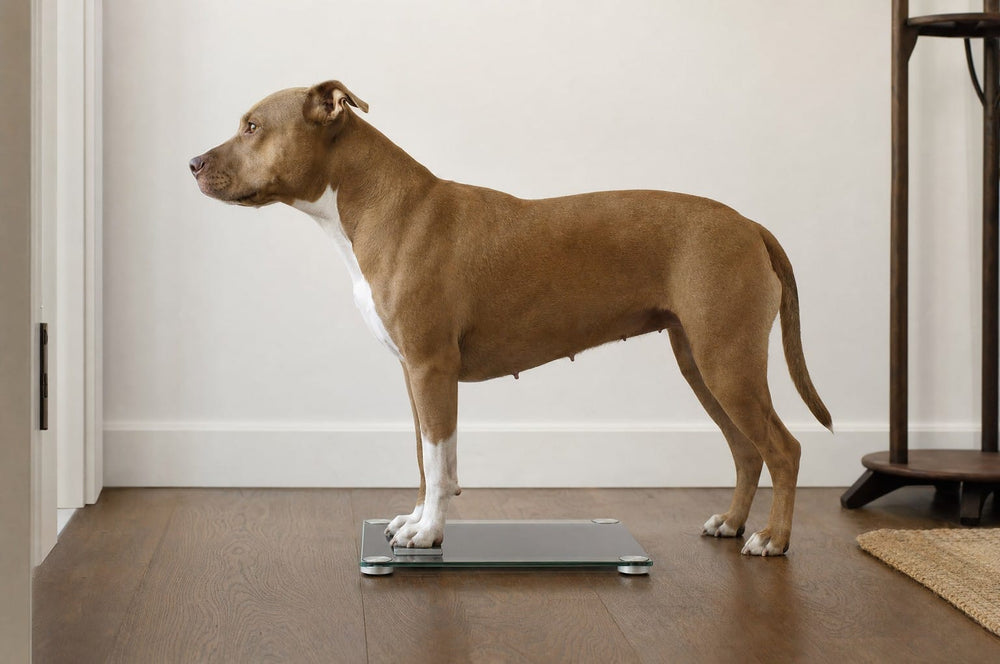A pit bull standing on a glass bathroom scale in a hallway