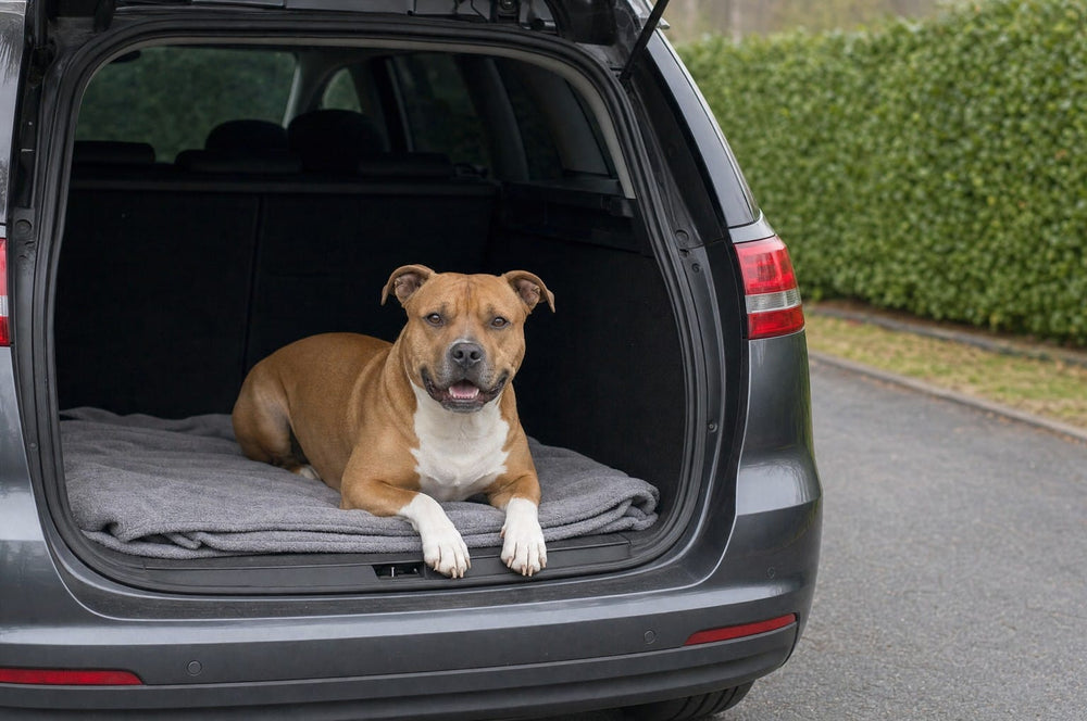A pit bull lying on a blanket in the open boot of a car, looking out