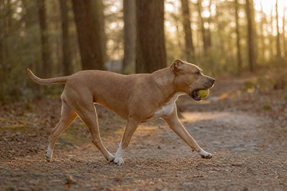 A pit bull trotting along a woodland trail in evening light with a tennis ball in her mouth