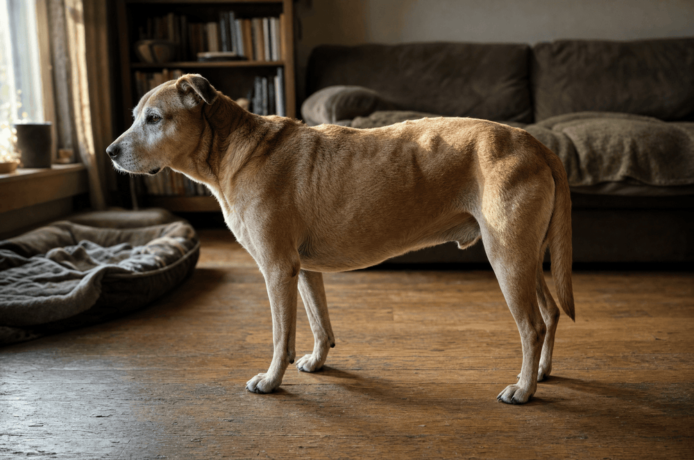 A lean senior dog standing side-on in a lived-in living room, morning light along his back