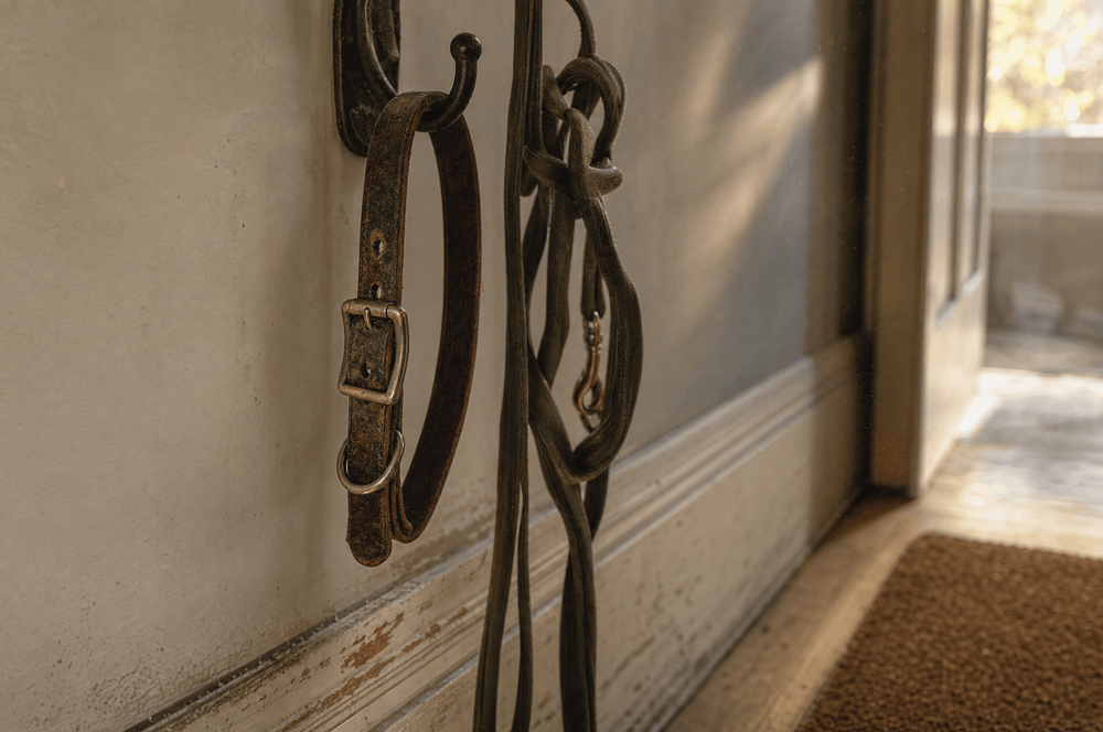 A worn leather dog collar on a hallway hook, buckled a hole tighter than the worn mark