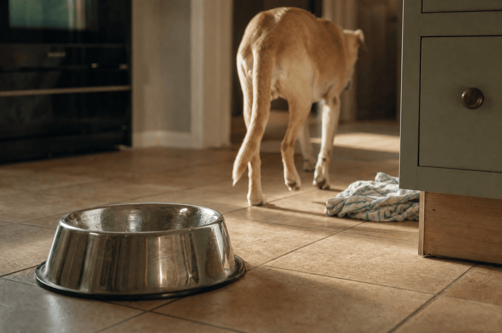 An empty licked-clean dog bowl on a kitchen floor, the dog walking away in the background