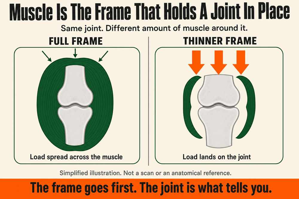 Diagram: muscle is the frame that holds a joint in place - full frame versus thinner frame