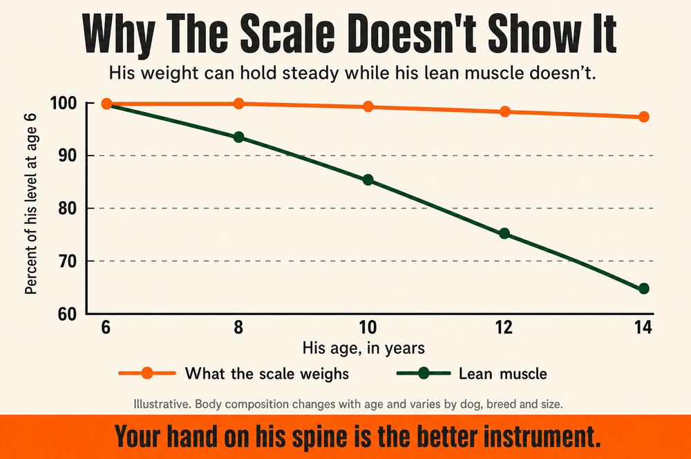 Chart: body weight holds steady with age while lean muscle declines