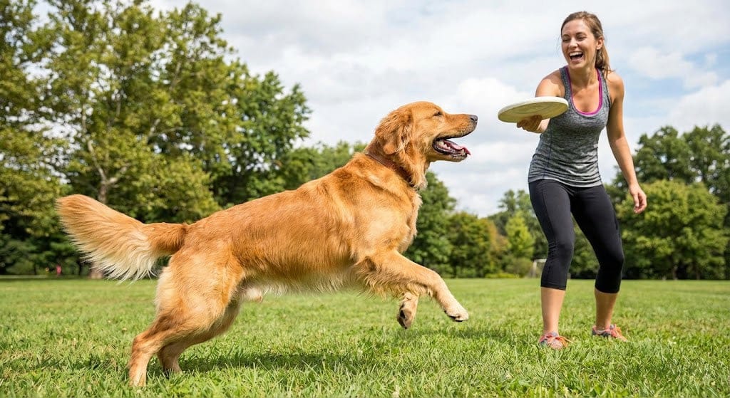 Golden Retriever spielt Frisbee mit seiner Halterin auf einer Wiese
