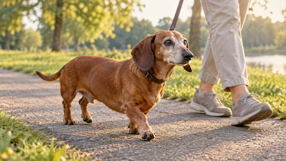A senior Dachshund walks on a flat park path beside its caretaker.