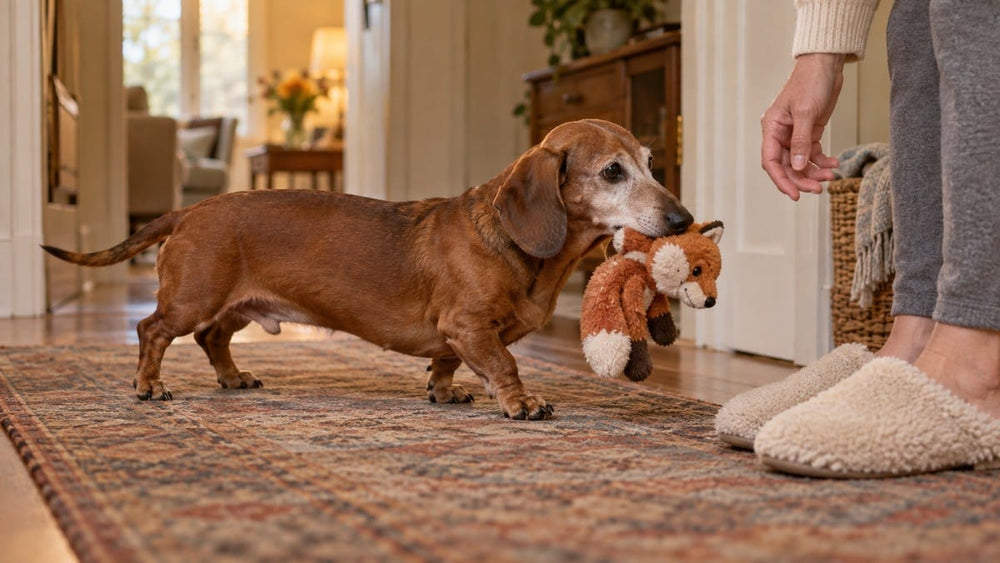 A senior Dachshund brings a familiar plush toy to its caretaker.