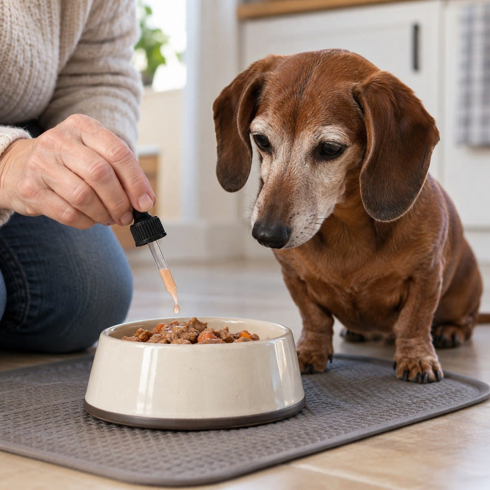 A measured pale apricot liquid drop is added to food beside a senior Dachshund.