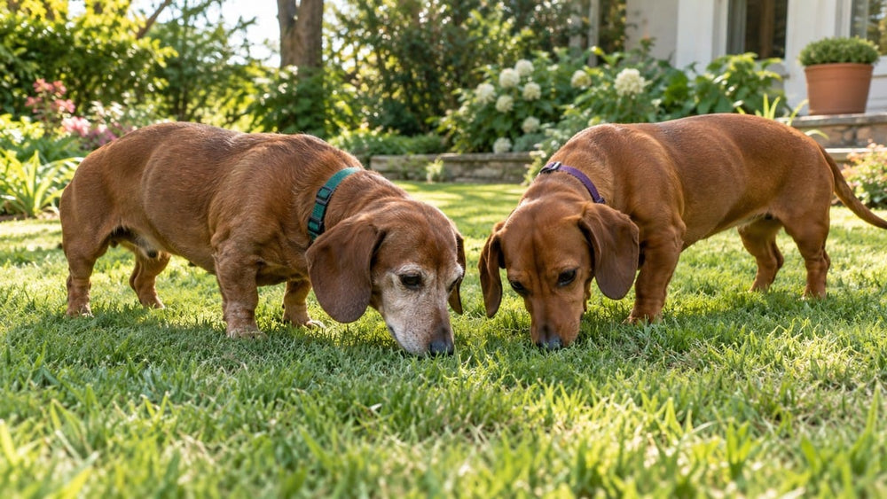 Two adult Dachshunds sniff together in a garden, one with a gray muzzle.