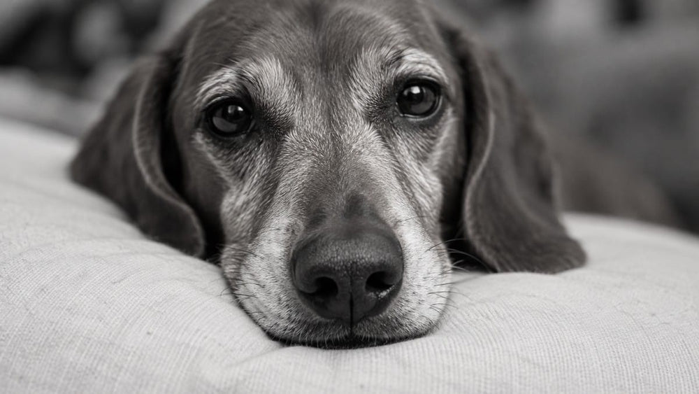 A senior Dachshund rests its chin on a cushion in a monochrome close-up.