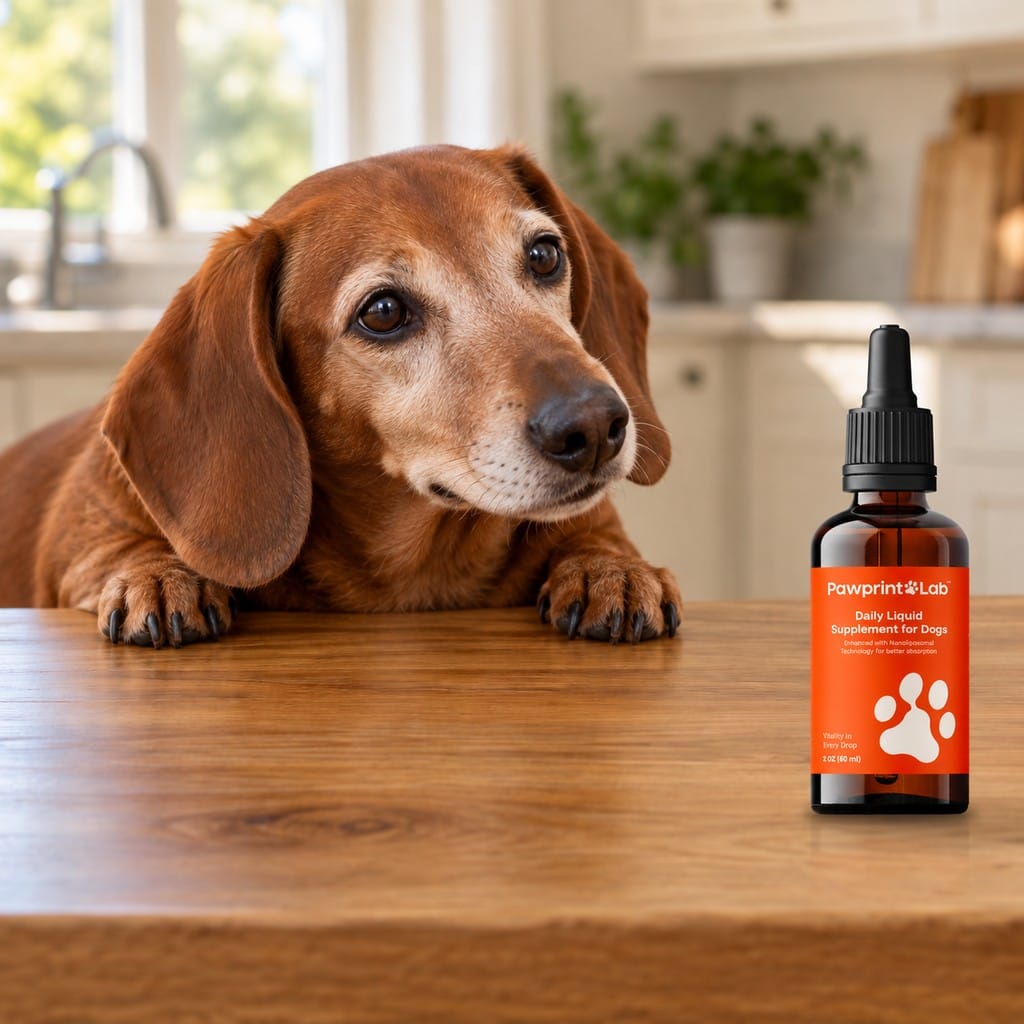 Senior dachshund beside a Pawprint Protocol amber dropper bottle on a warm kitchen table.