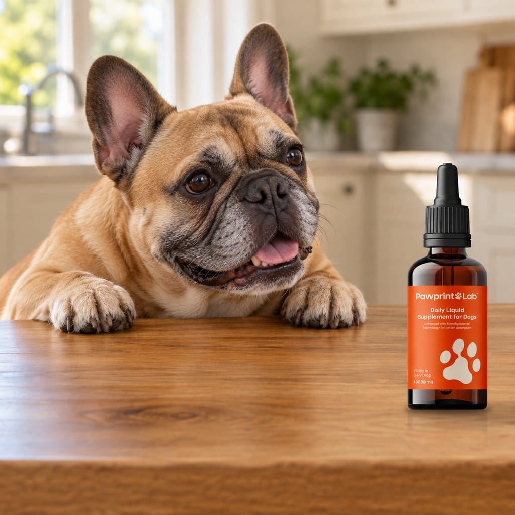 Senior french bulldog beside a Pawprint Protocol amber dropper bottle on a warm kitchen table.