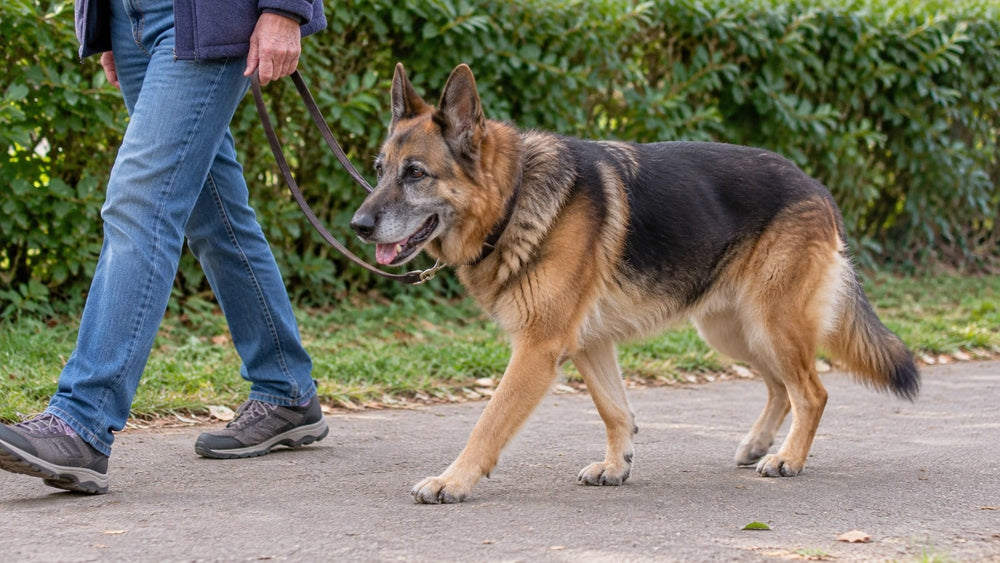 Senior German Shepherd walking beside a caregiver on a quiet path
