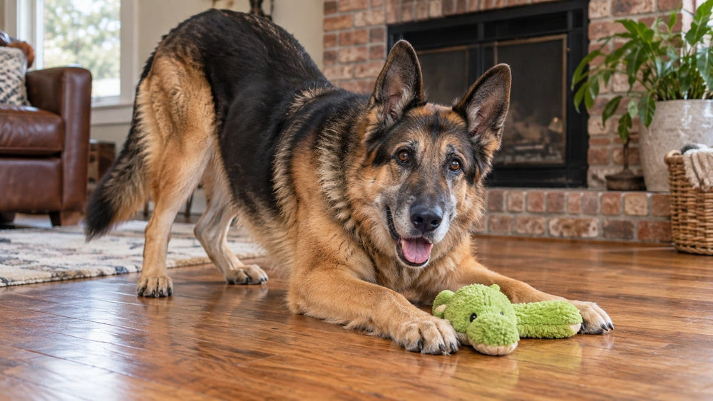 German Shepherd engaging with a green toy at home