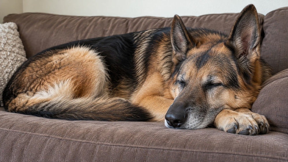 Silver-muzzled German Shepherd asleep on a sofa