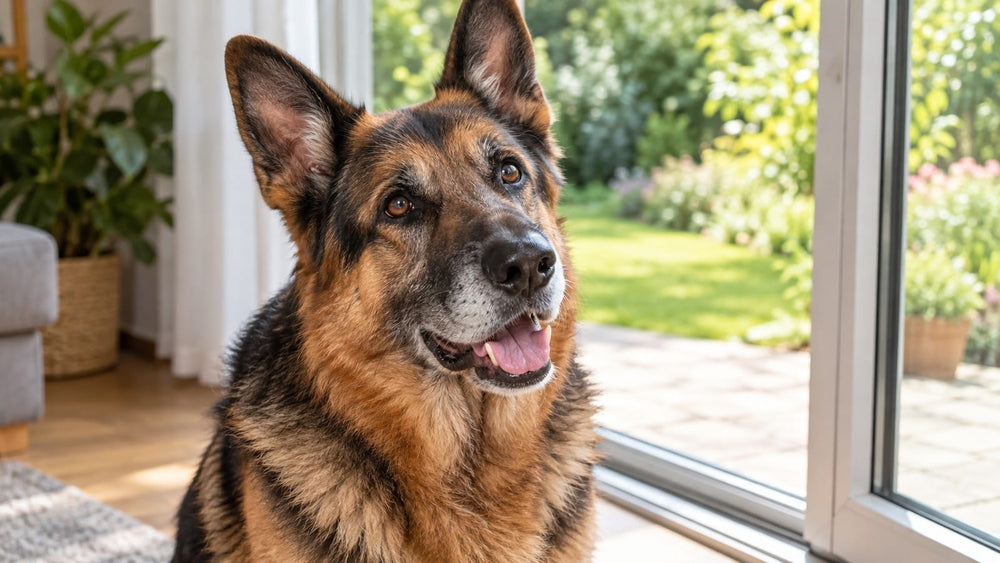 Attentive senior German Shepherd beside an open patio door