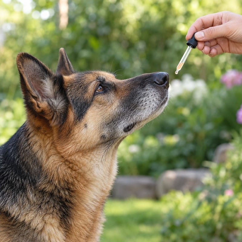 German Shepherd sniffing a dropper held outside the mouth