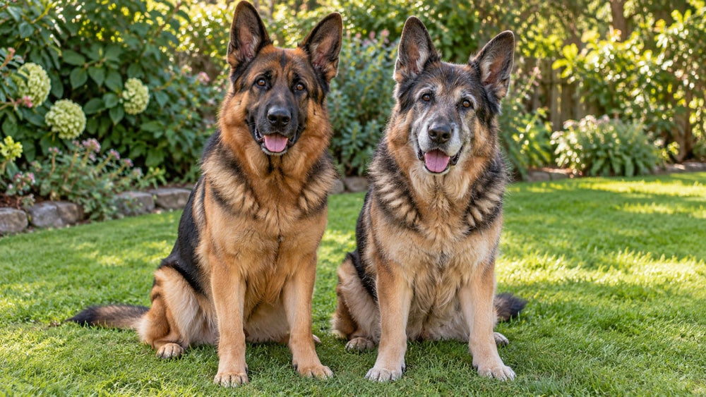 Two German Shepherd companions sitting together in a garden