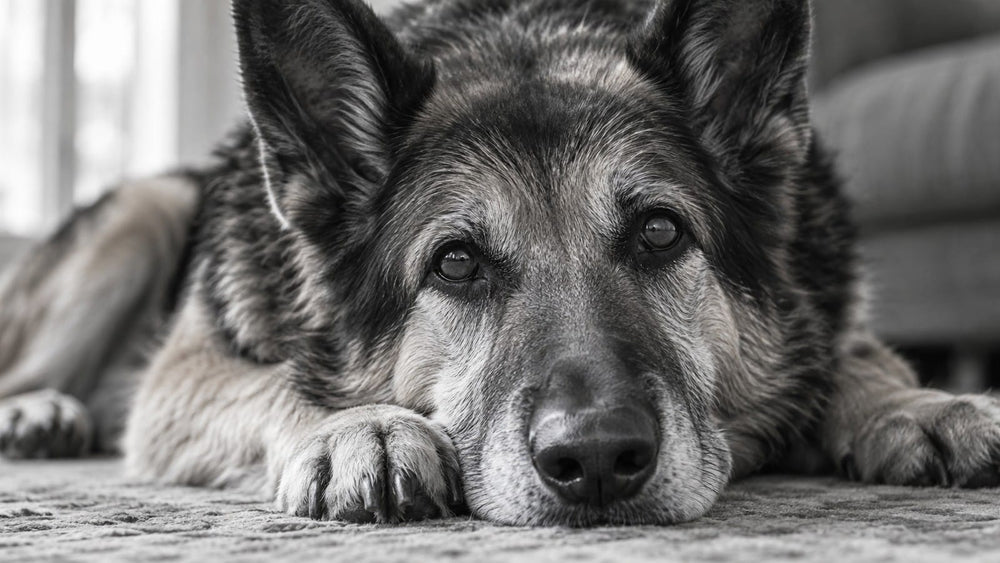 Close-up of a silver-muzzled senior German Shepherd resting at home