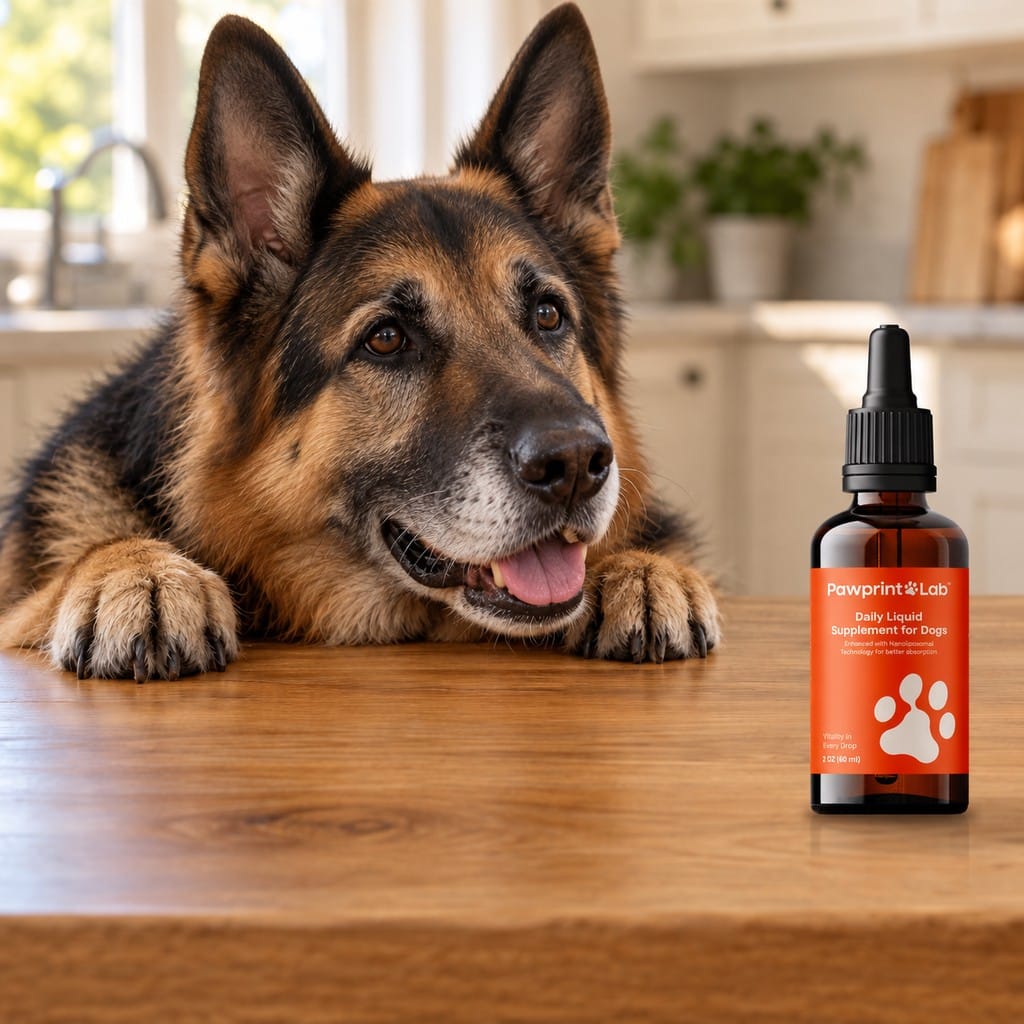 Senior german shepherd beside a Pawprint Protocol amber dropper bottle on a warm kitchen table.