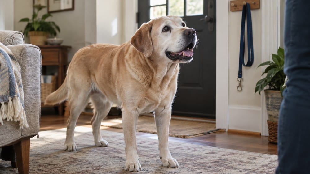 Senior yellow Labrador standing by the front door.