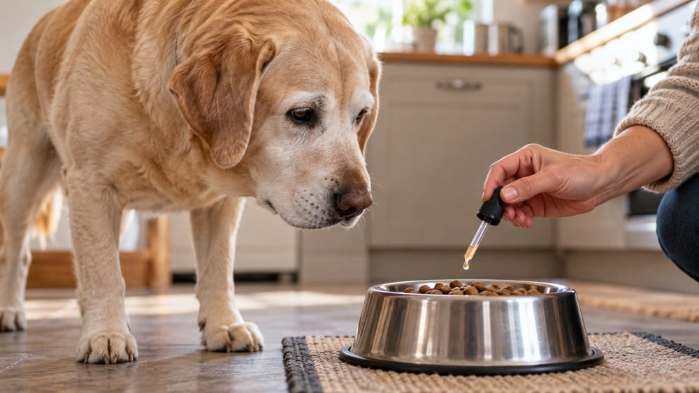Senior yellow Labrador watching drops being added to food.