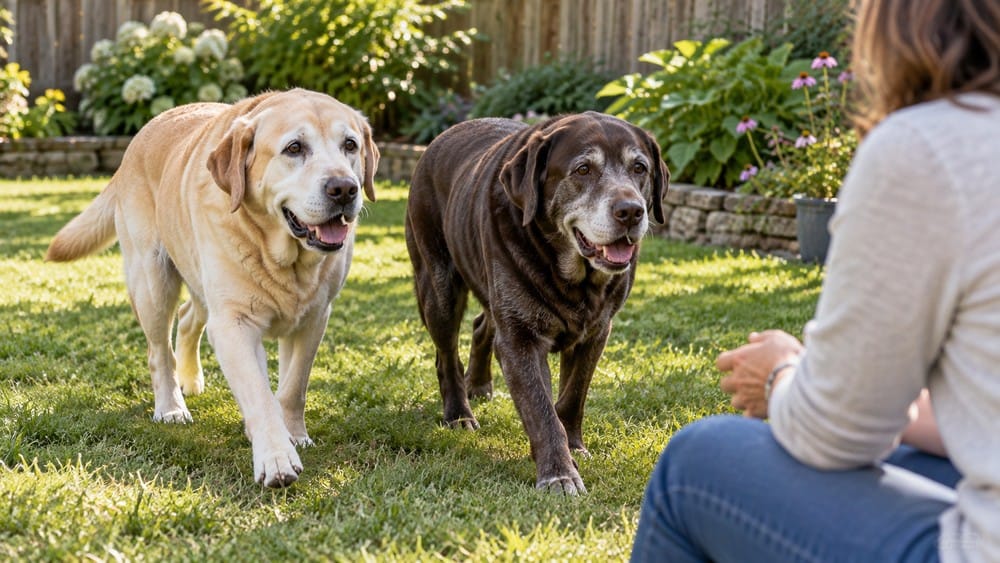 Two senior Labradors approaching a seated caretaker in a garden.