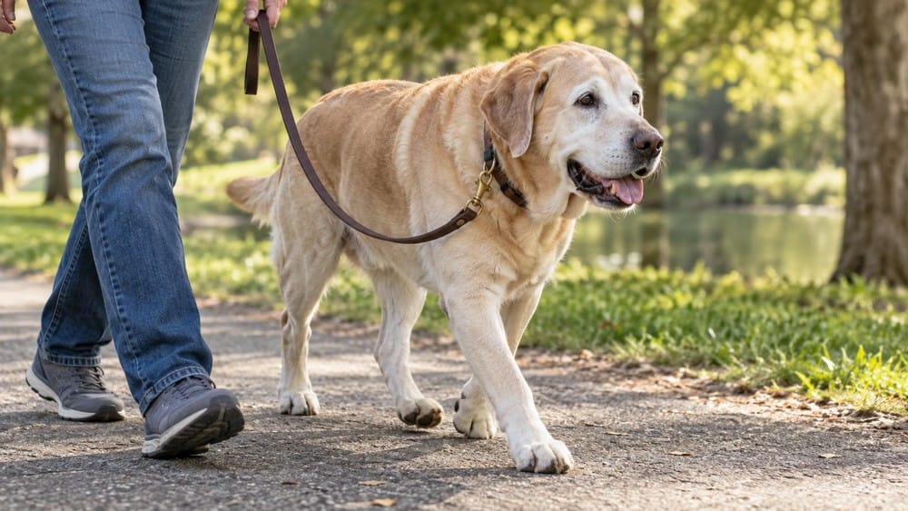 Senior yellow Labrador walking beside a caretaker.