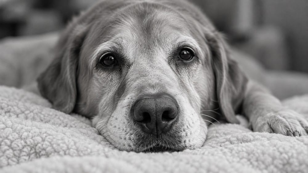 Senior yellow Labrador resting on a blanket.