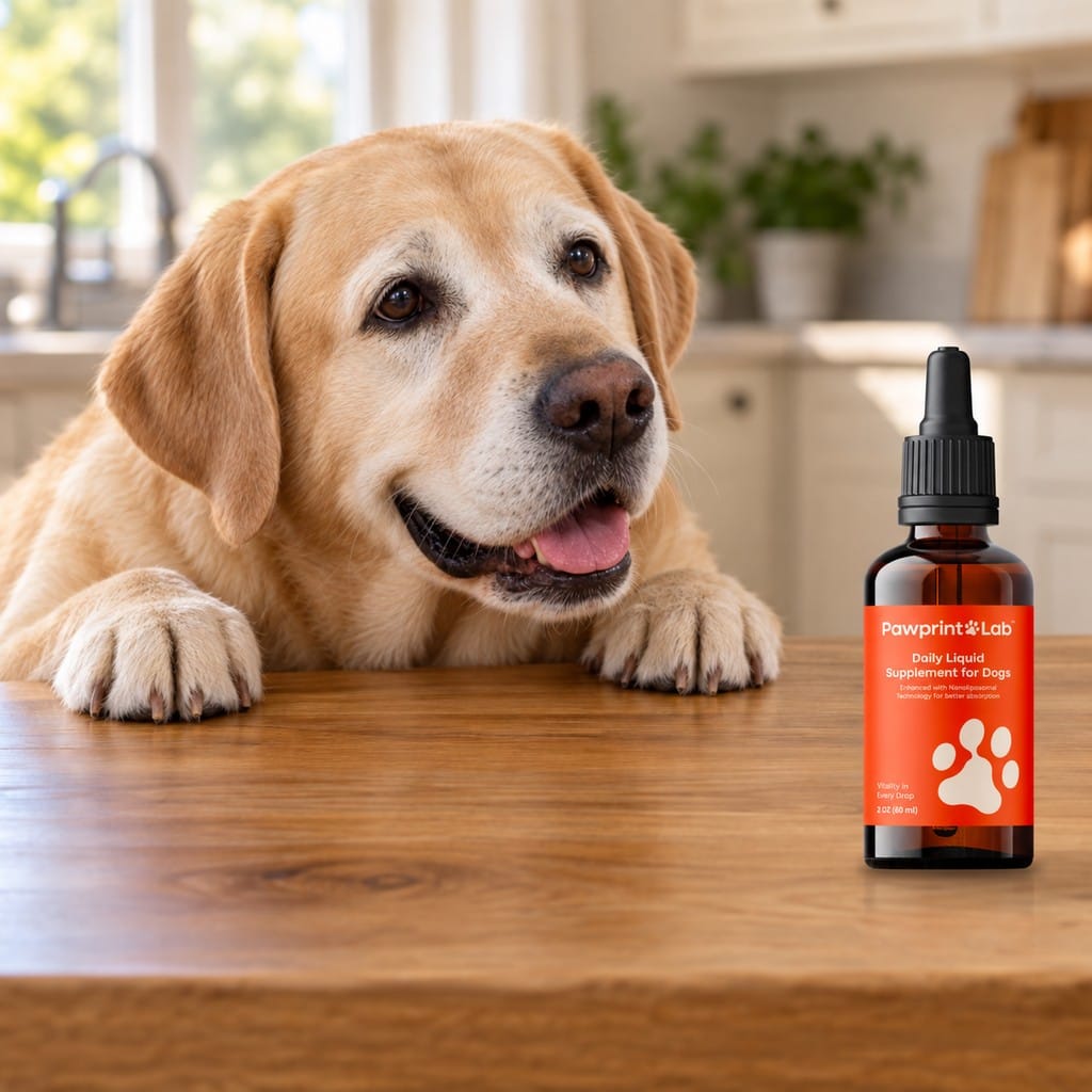 Senior labrador beside a Pawprint Protocol amber dropper bottle on a warm kitchen table.
