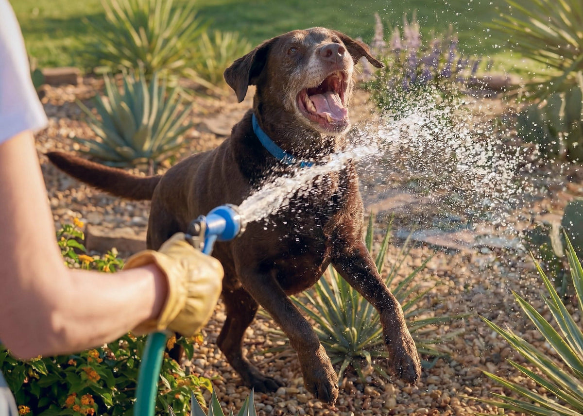 A chocolate Labrador leaps to catch the spray from a garden hose