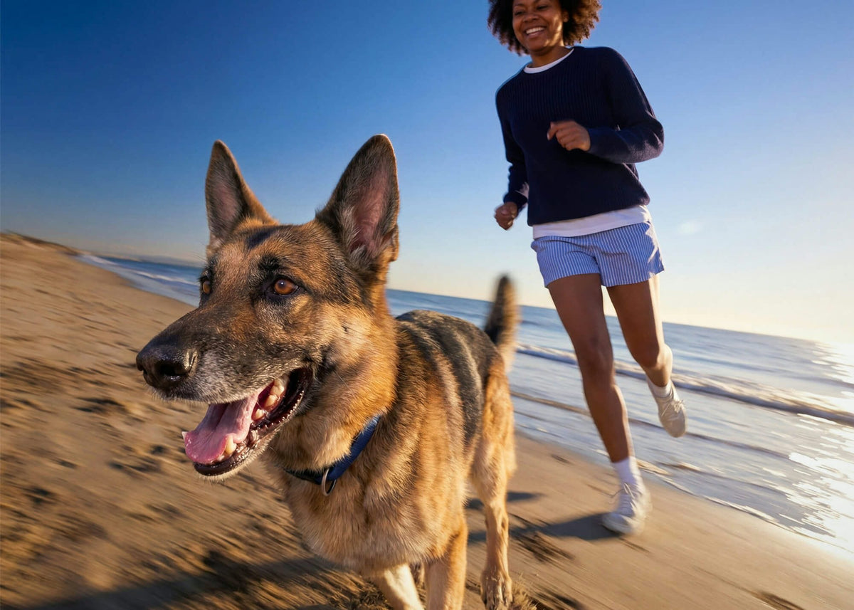 A German shepherd runs along the beach beside its owner