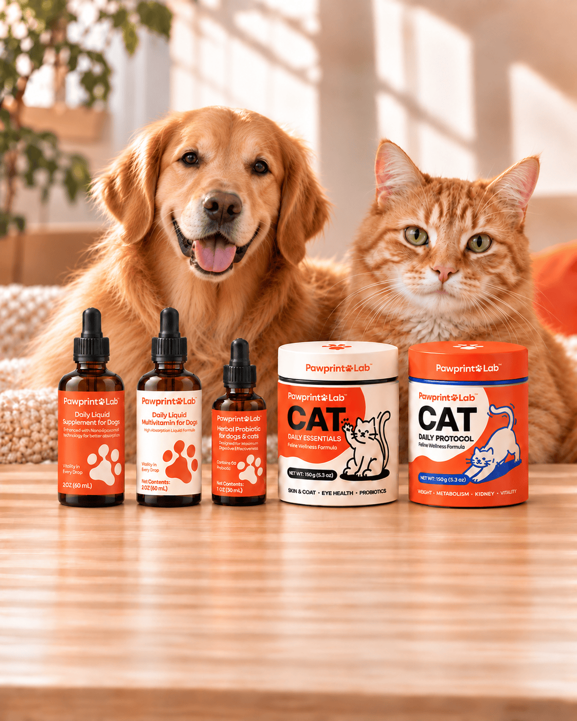 Illustrative golden retriever and orange tabby with natural fur behind the five Pawprint supplement families