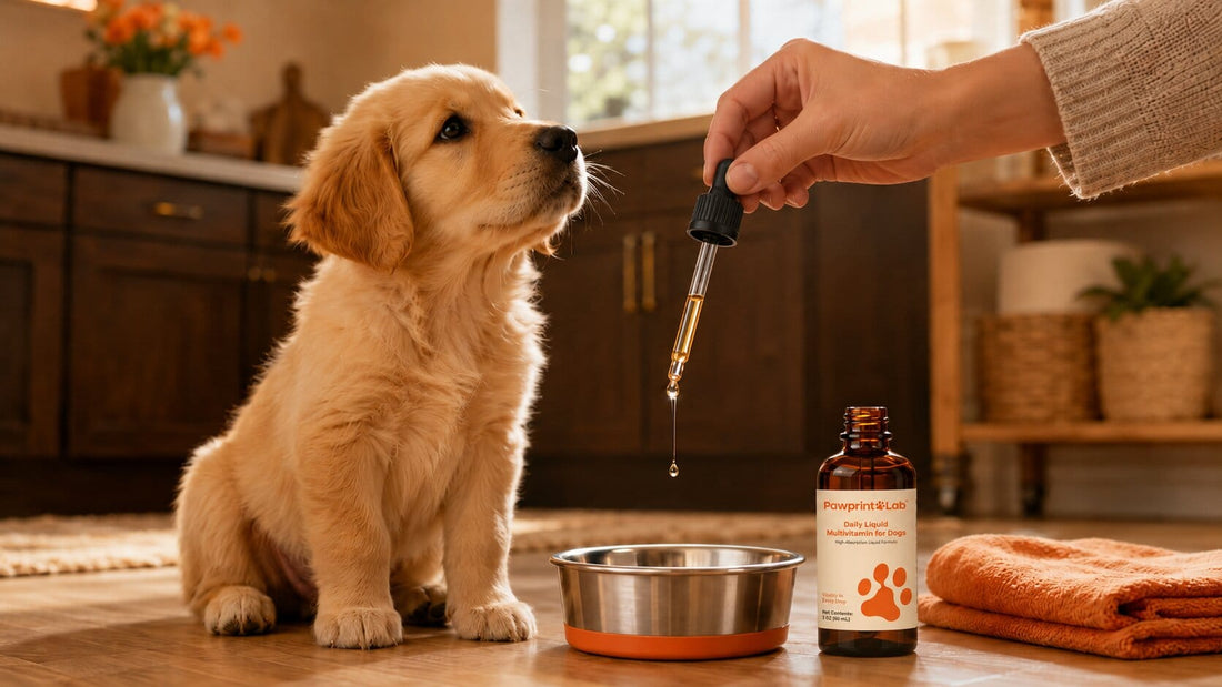Pawprint Wellness Protocol liquid drops with a young puppy