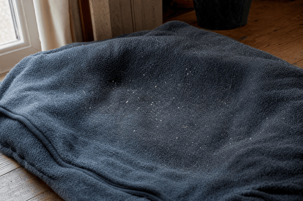 Pale skin flakes and loose hairs on a dark dog blanket
