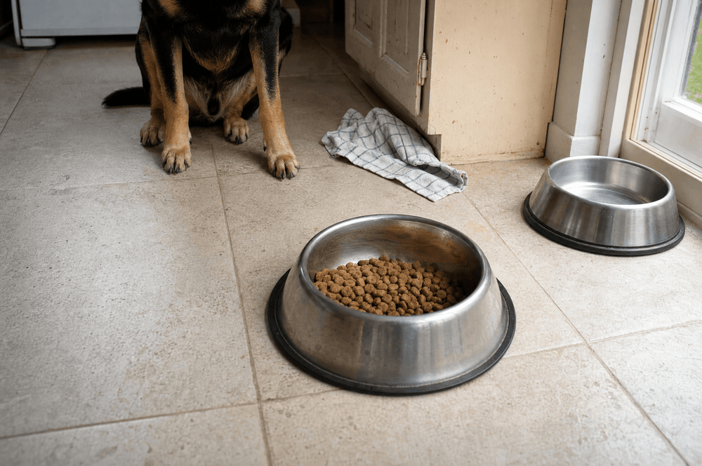 A steel bowl of dry kibble on a kitchen floor
