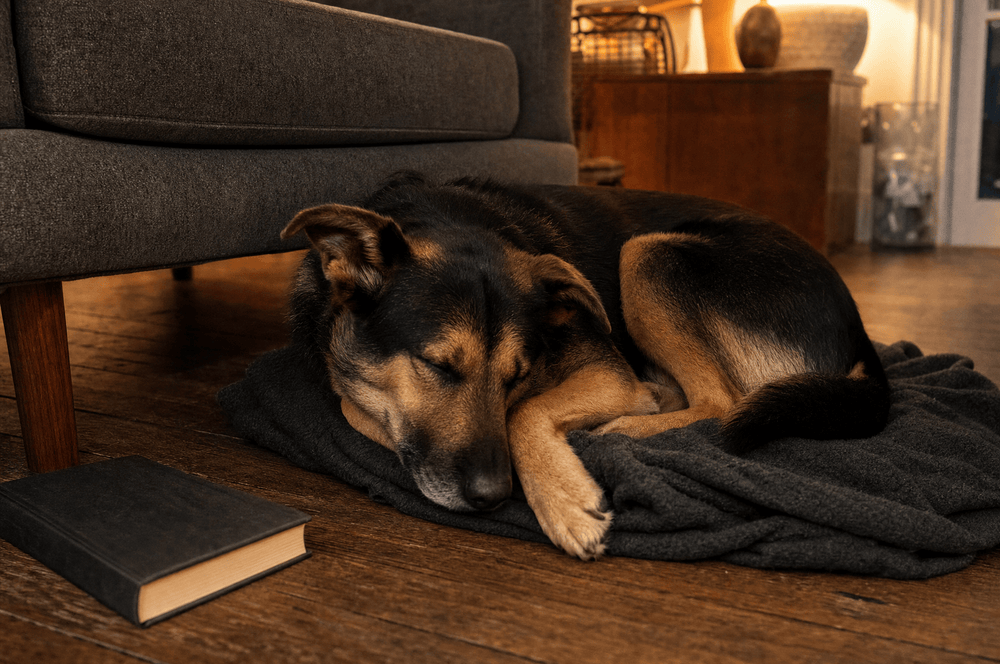 A dog asleep and settled on a dark blanket in lamplight